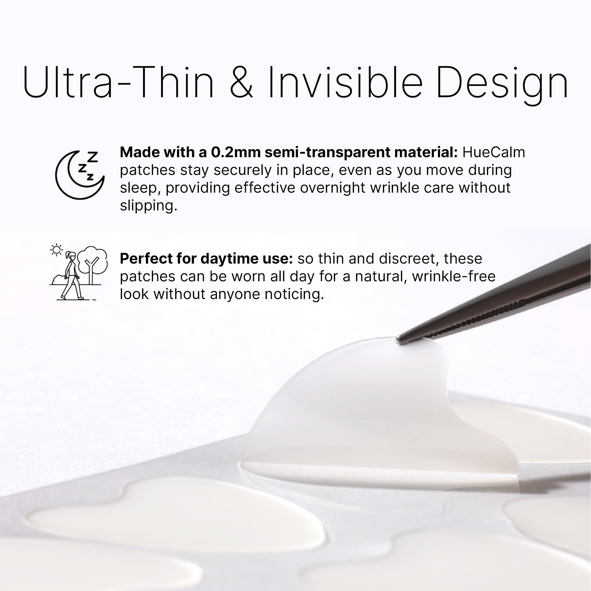 HUECALM patch applied under eye demonstrating discreet lift and hydration
