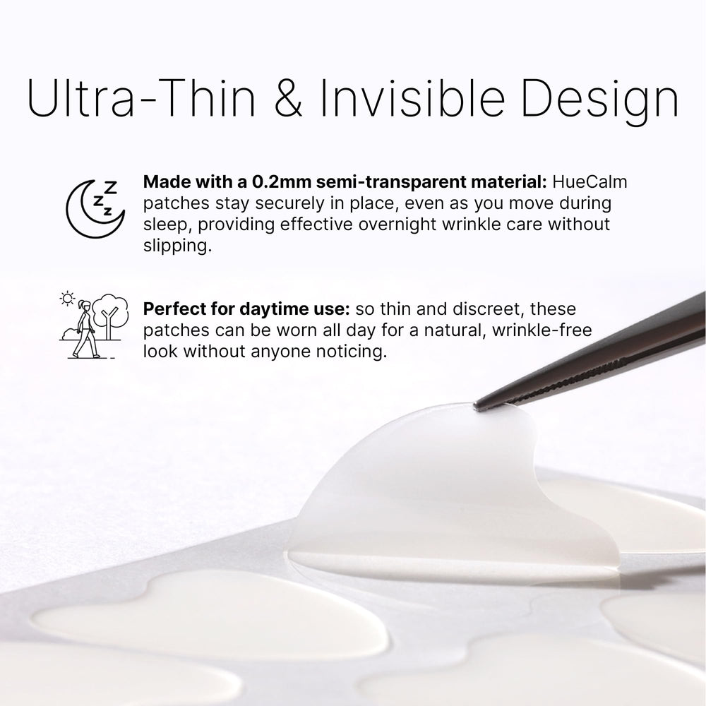 HUECALM patch applied under eye demonstrating discreet lift and hydration