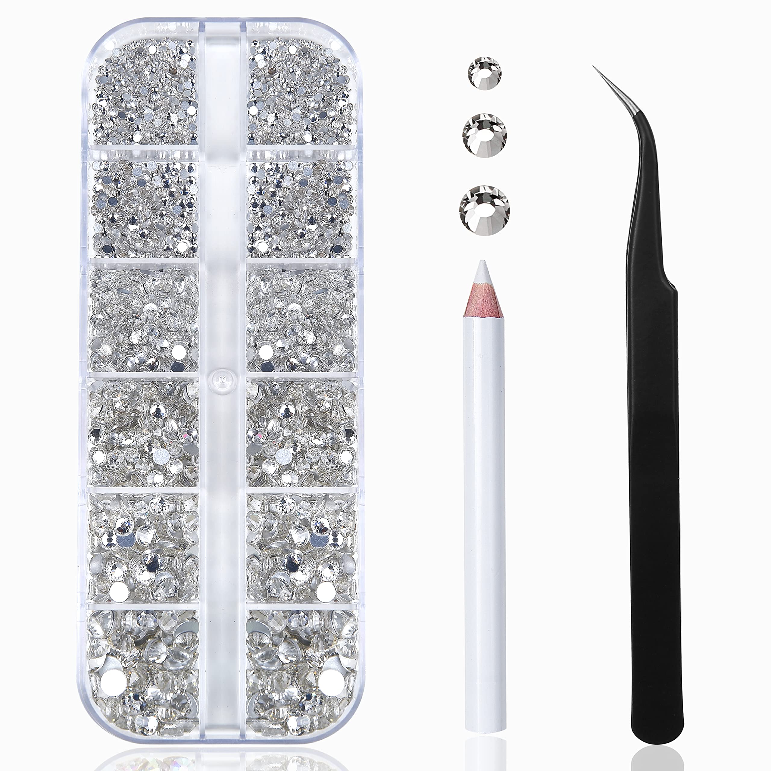 HUETFAT organizer box open showing sorted clear rhinestones for quick selection