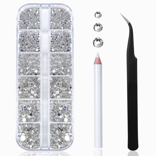 HUETFAT organizer box open showing sorted clear rhinestones for quick selection