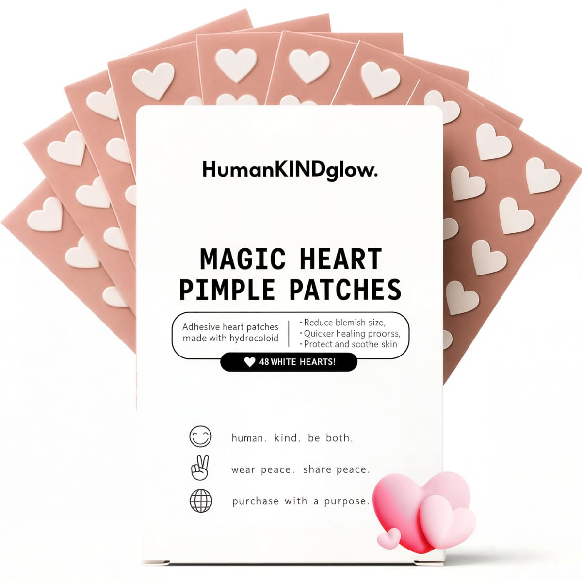 HumanKINDglow front box showing 48 heart patches and branding, promotes kinder skincare