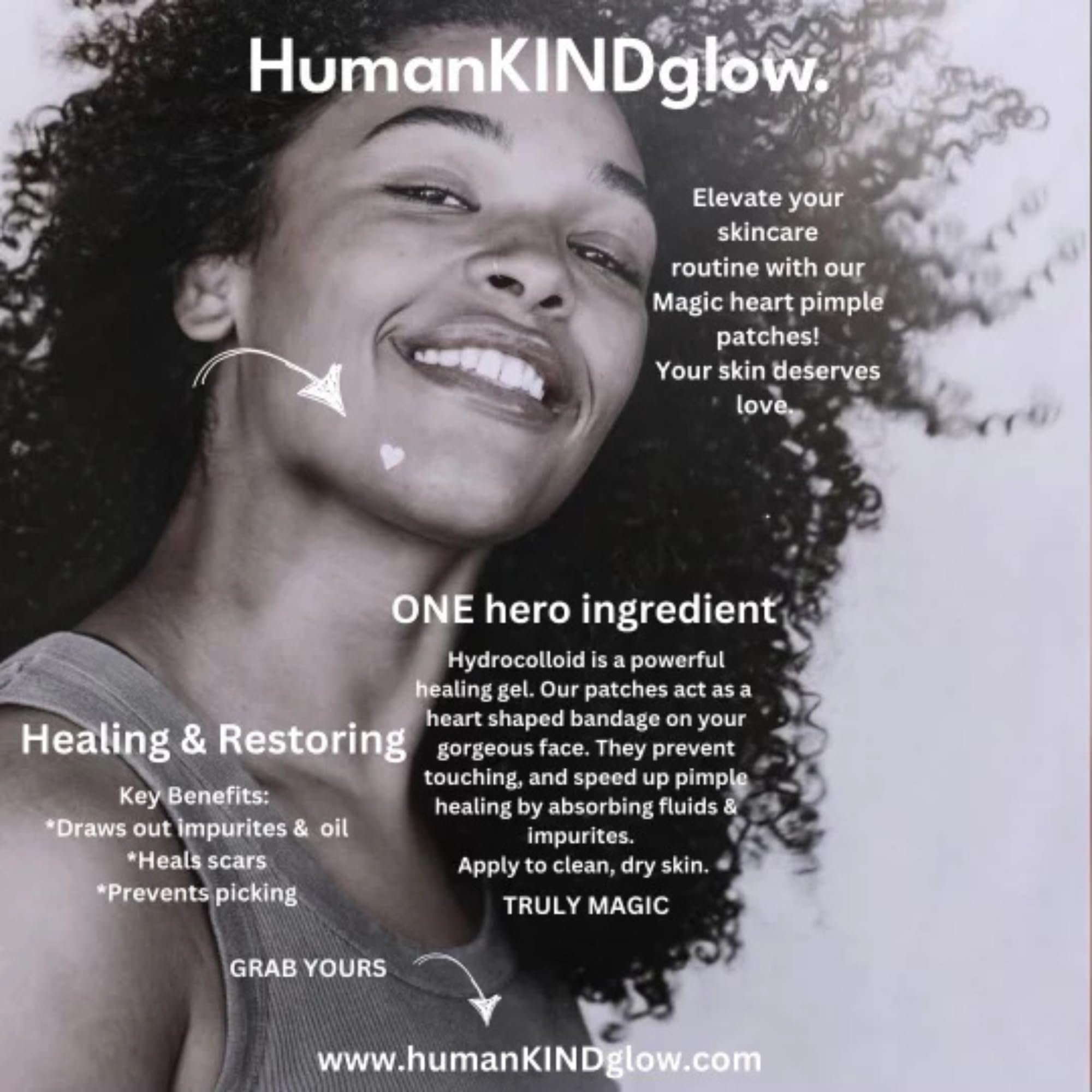 HumanKINDglow close-up of white heart hydrocolloid texture, highlights gentle absorption