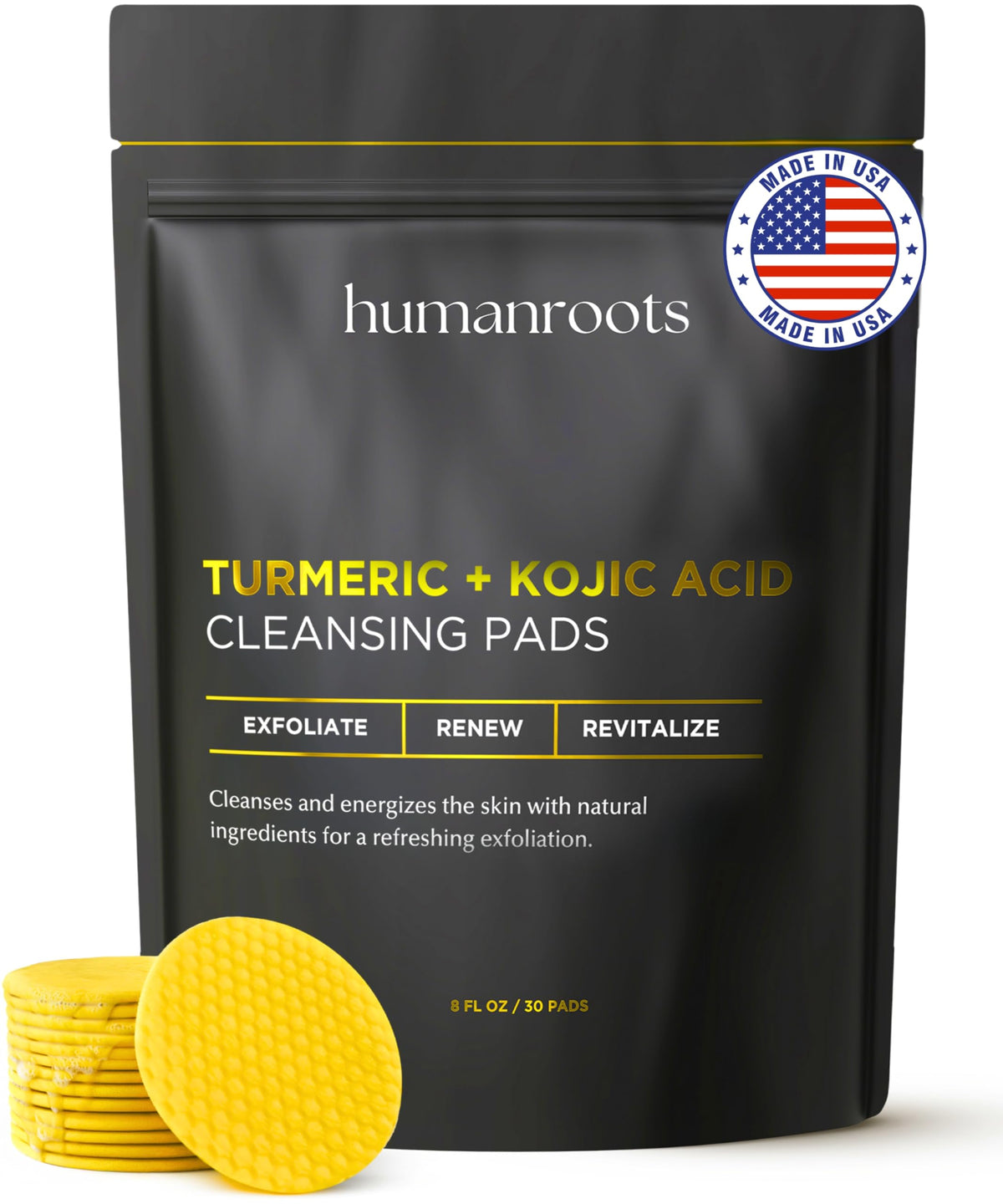 humanroots front packaging showing 30 turmeric kojic acid cleansing pads for convenience