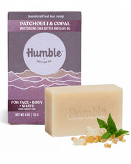 HUMBLE SIMPLE AND TRUE front packaging showing the patchouli copal bar and brand