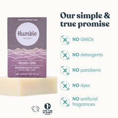 HUMBLE SIMPLE AND TRUE ingredients label showing natural oils and essential oil transparency