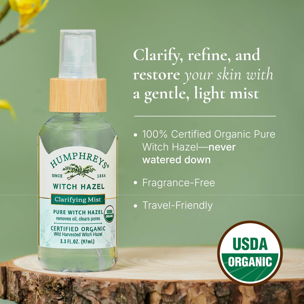 Humphreys close-up label detail highlighting USDA Organic witch hazel purity