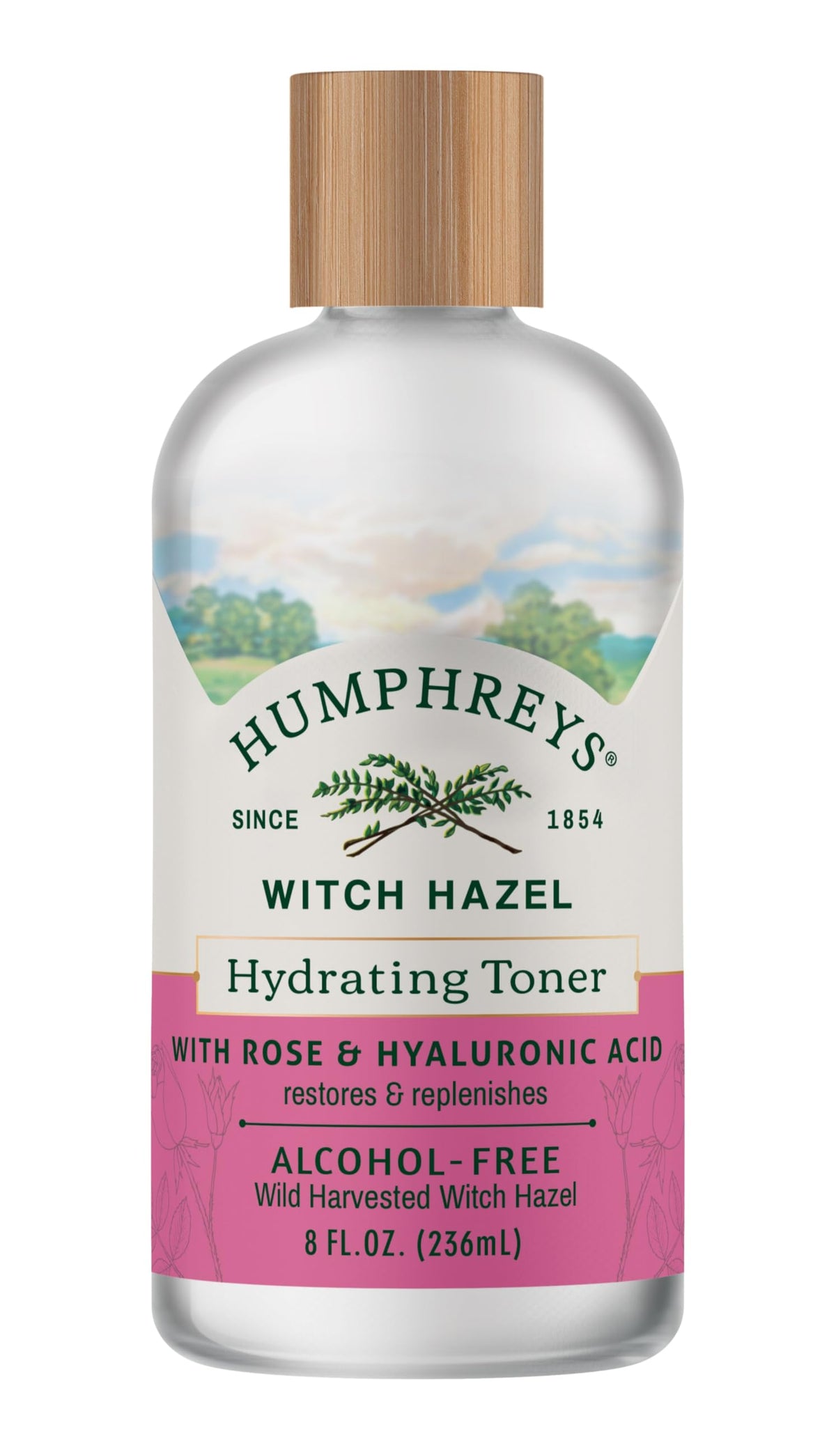 Humphreys front label bottle showing witch hazel and rose benefits