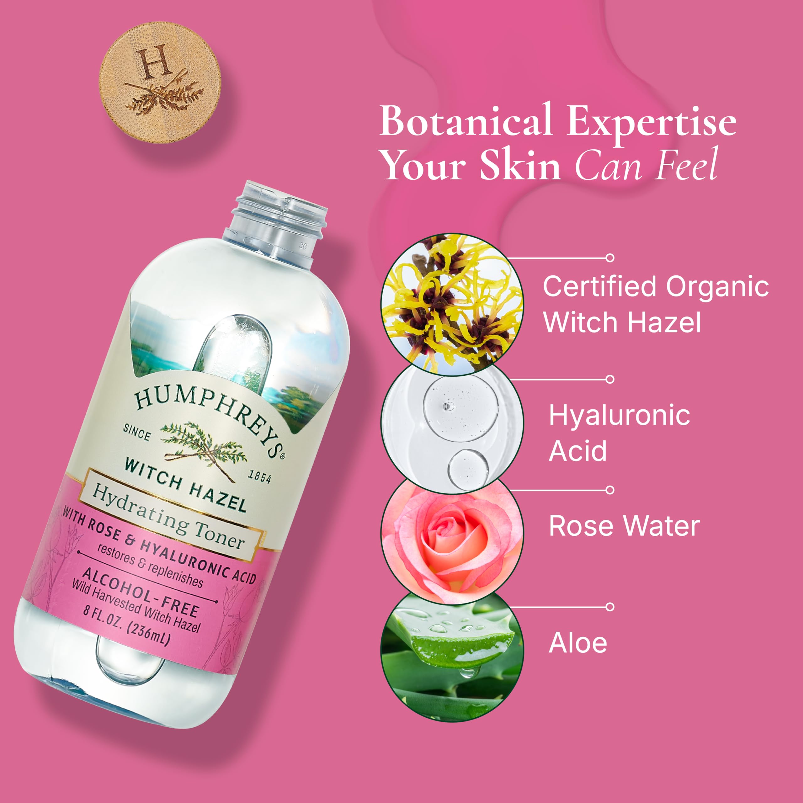 Humphreys pouring toner onto cotton pad for gentle cleansing benefit