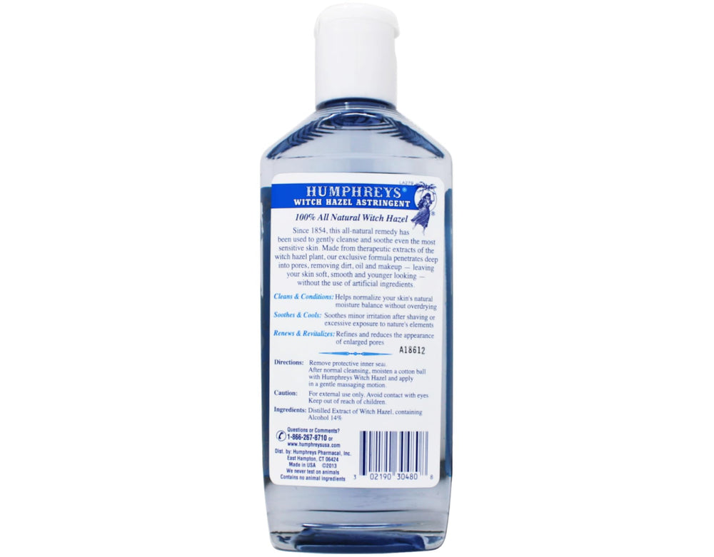 Humphrey's witch hazel applied with a cotton pad demonstrating easy use and soothing refreshment for skin