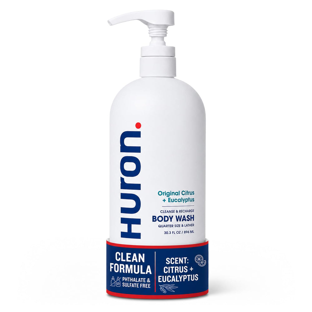 Huron bottle front view showing size and clean packaging for easy selection