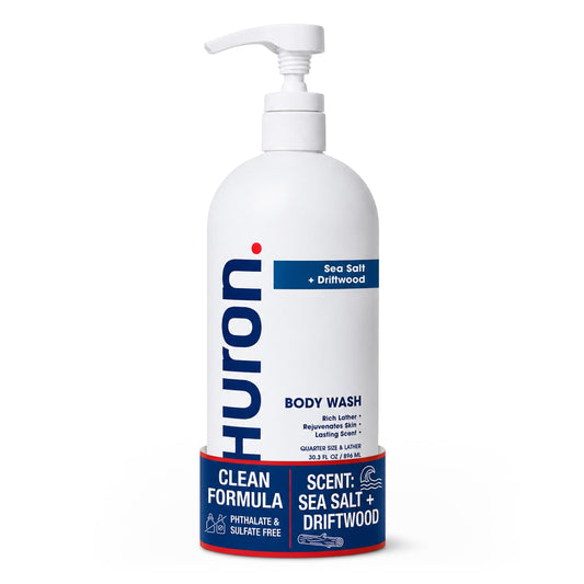 Huron front packaging 30.3 oz bottle showing clear label and pump benefit