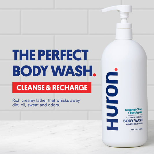 Huron pump and label close-up highlighting non-toxic ingredient callouts