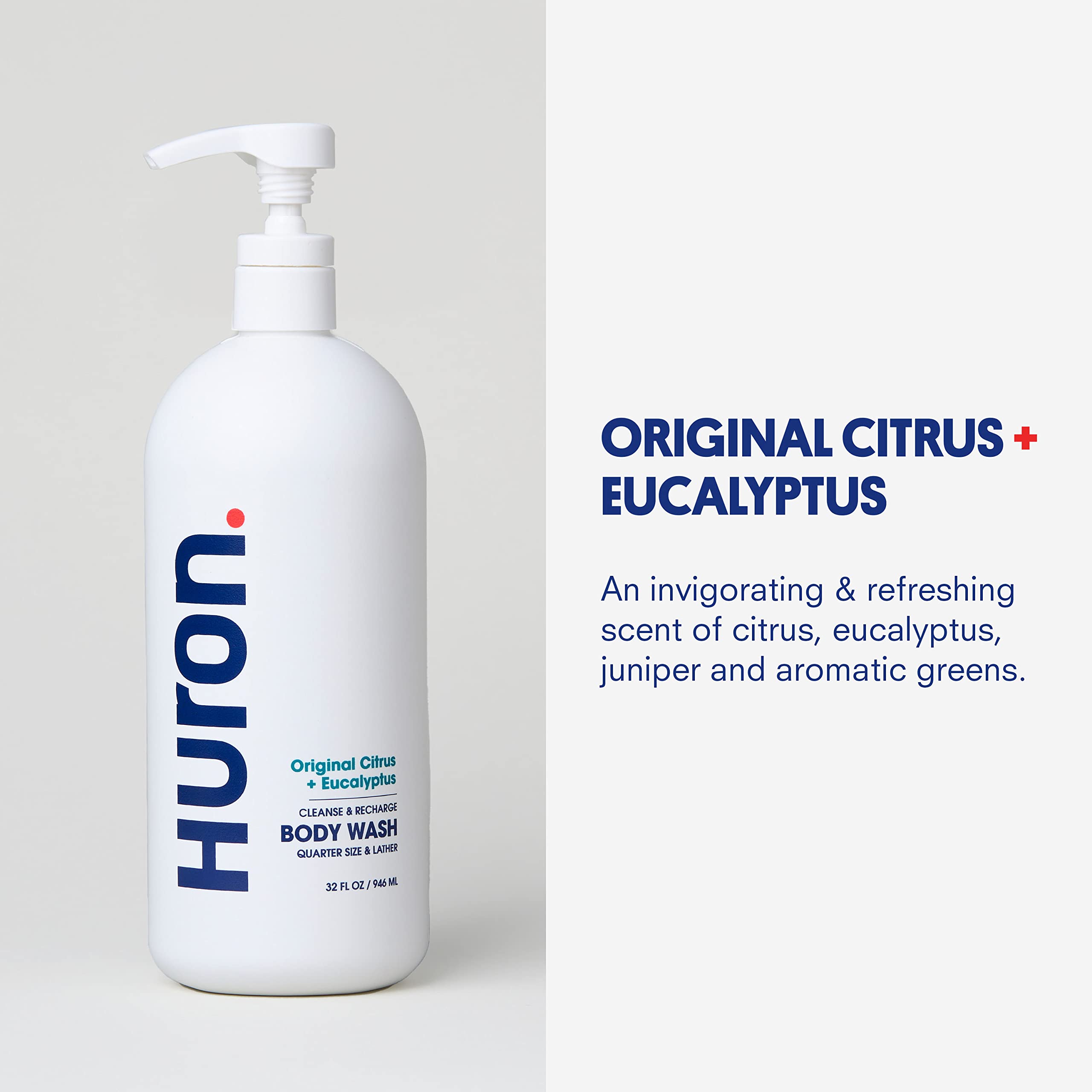 Huron bottle held in hand to show 30.3 fl oz scale and convenient pump