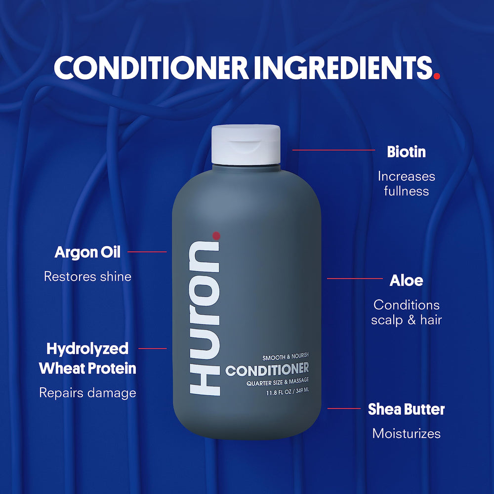 Huron size comparison with hand holding bottle showing true 11.7 fl oz scale