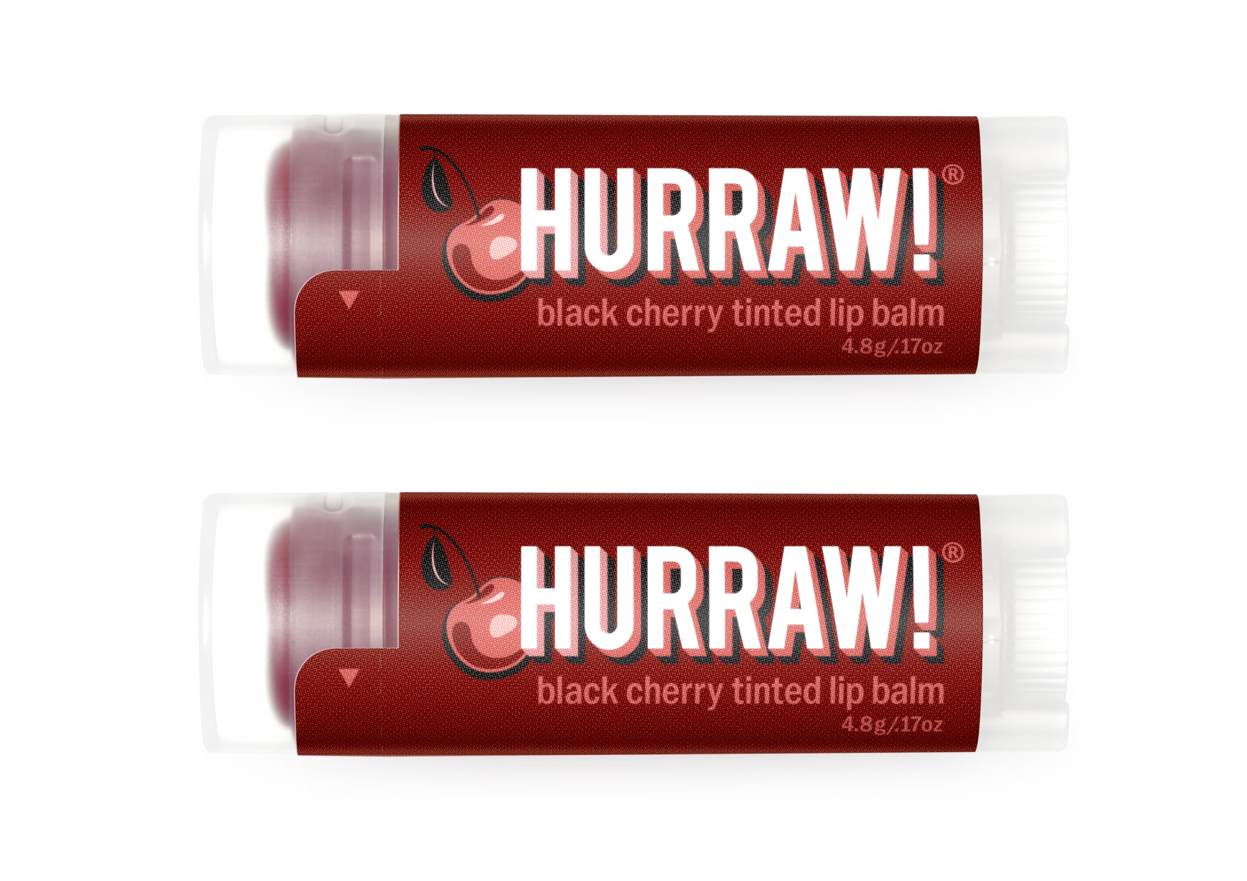 Hurraw! front packaging showing two tinted balm tubes and organic promise