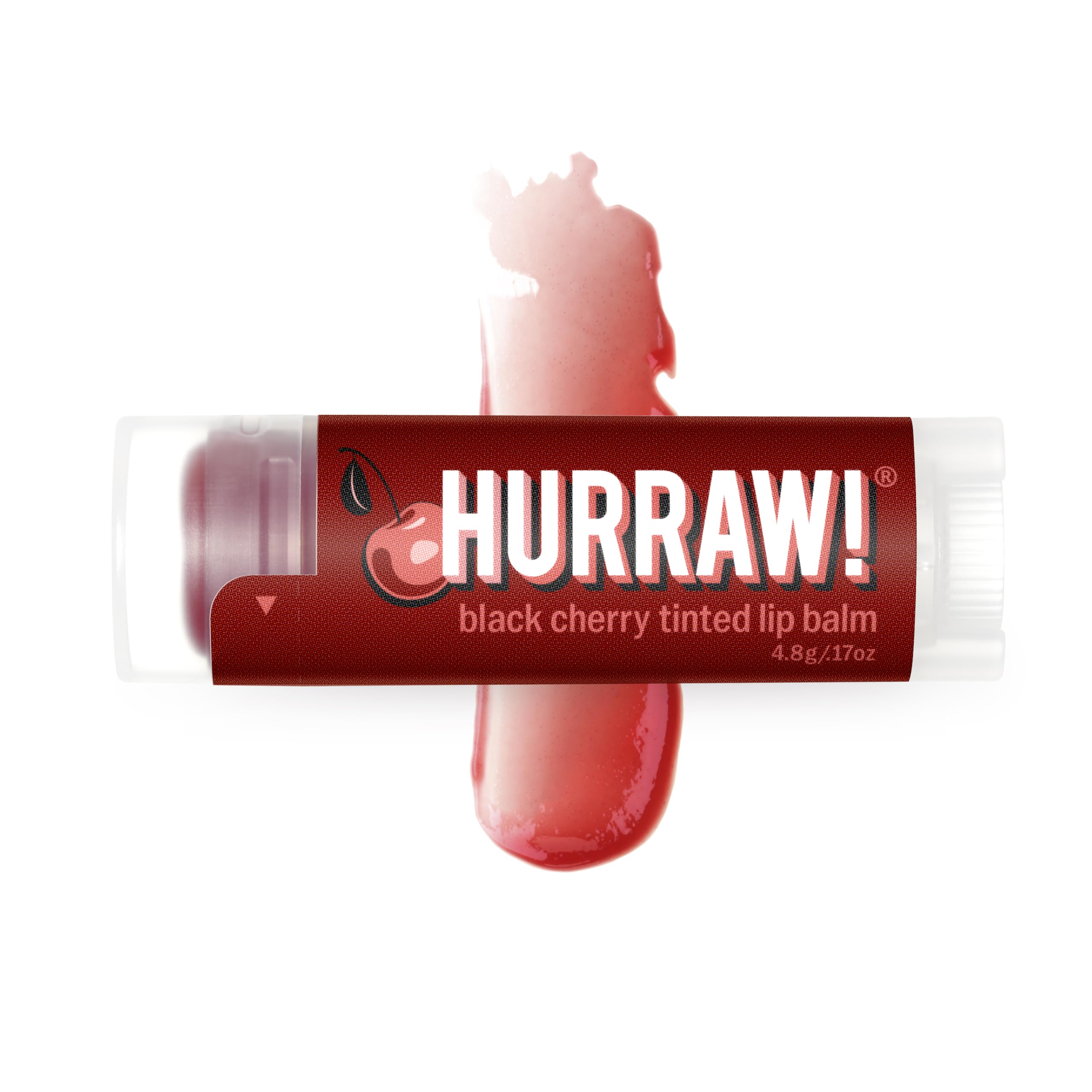 HURRAW! front view of black cherry tinted balm packaging, shows portable design and benefit
