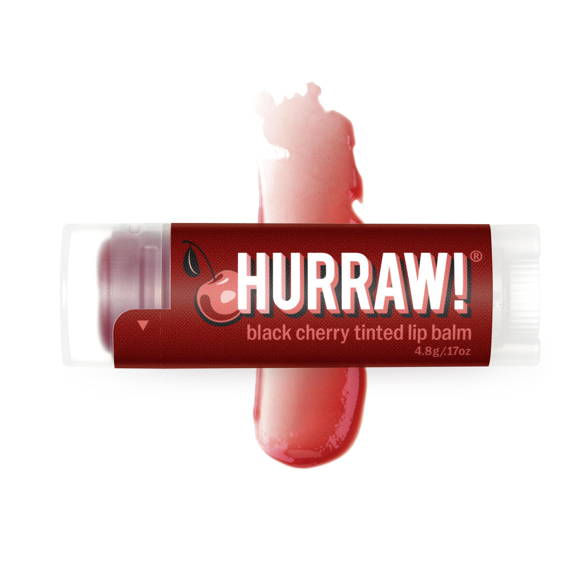 HURRAW! front view of black cherry tinted balm packaging, shows portable design and benefit