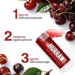 HURRAW! black cherry balm open in hand, demonstrates easy direct application and convenience