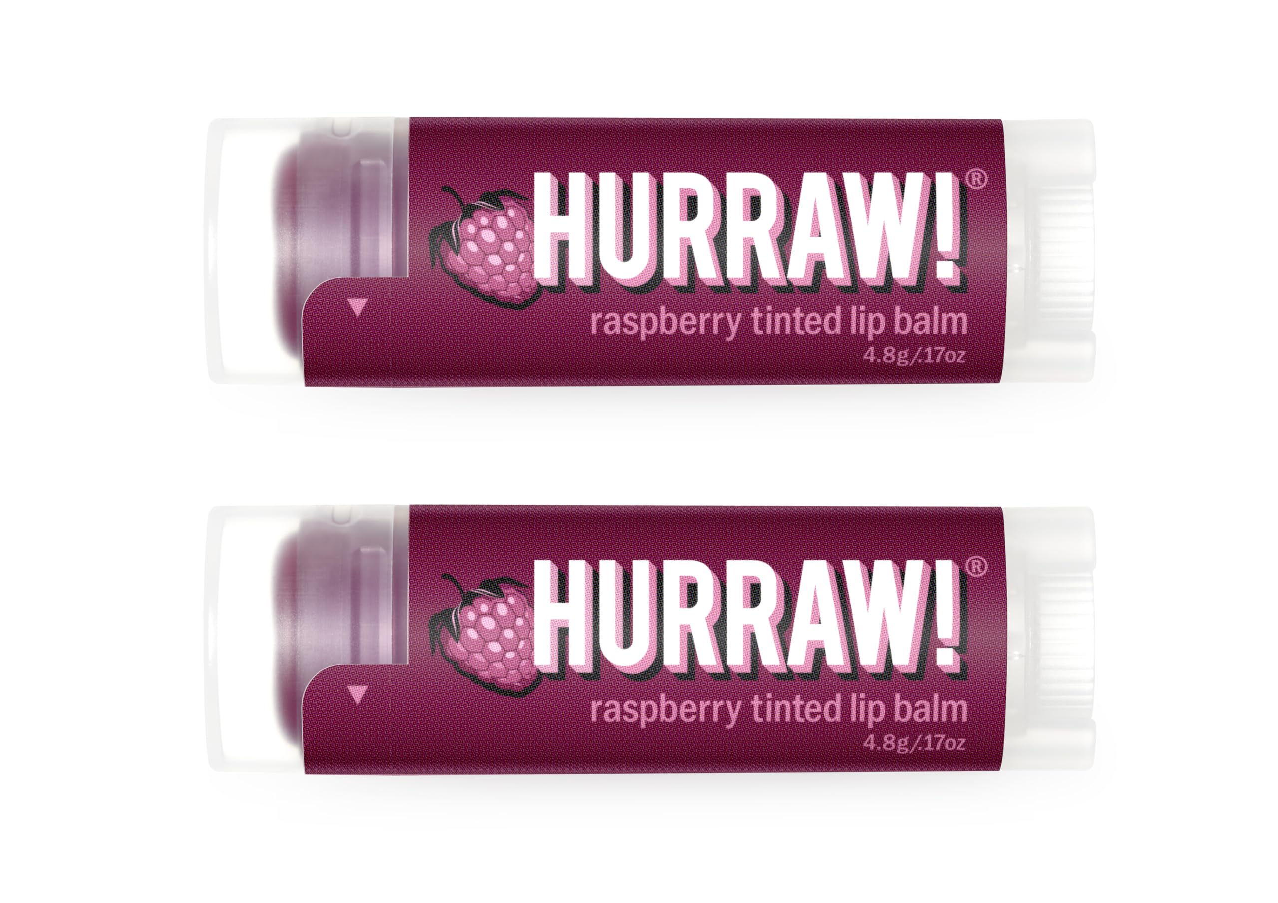 Hurraw! front packaging showing two raspberry tinted tubes, convenient twin pack