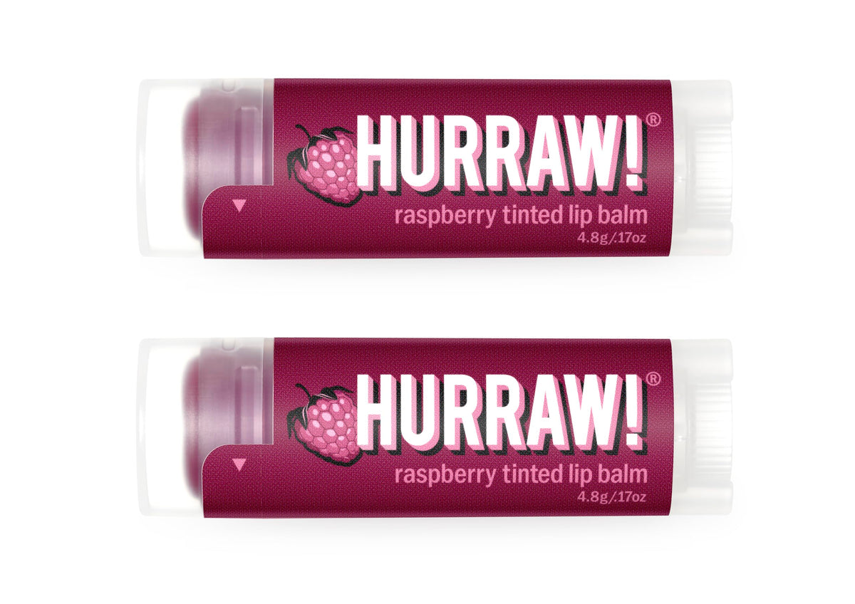 Hurraw! front packaging showing two raspberry tinted tubes, convenient twin pack