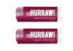 Hurraw! front packaging showing two raspberry tinted tubes, convenient twin pack