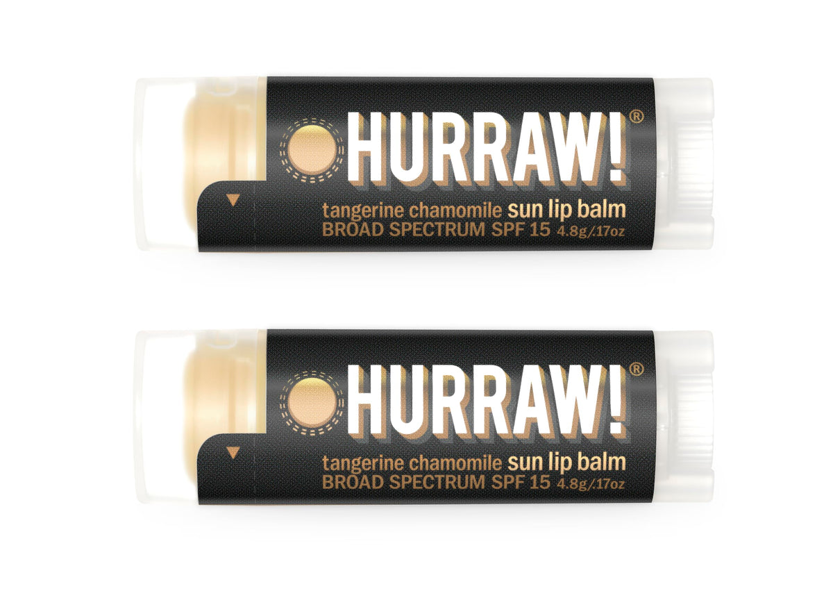 Hurraw! front packaging showing two SPF 15 tangerine chamomile tubes, portable protection