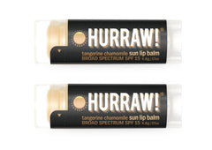 Hurraw! front packaging showing two SPF 15 tangerine chamomile tubes, portable protection