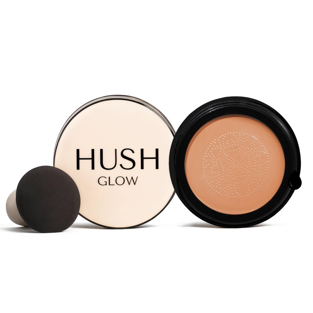Hush Glow cushion compact front view showing sleek case and quick application benefit