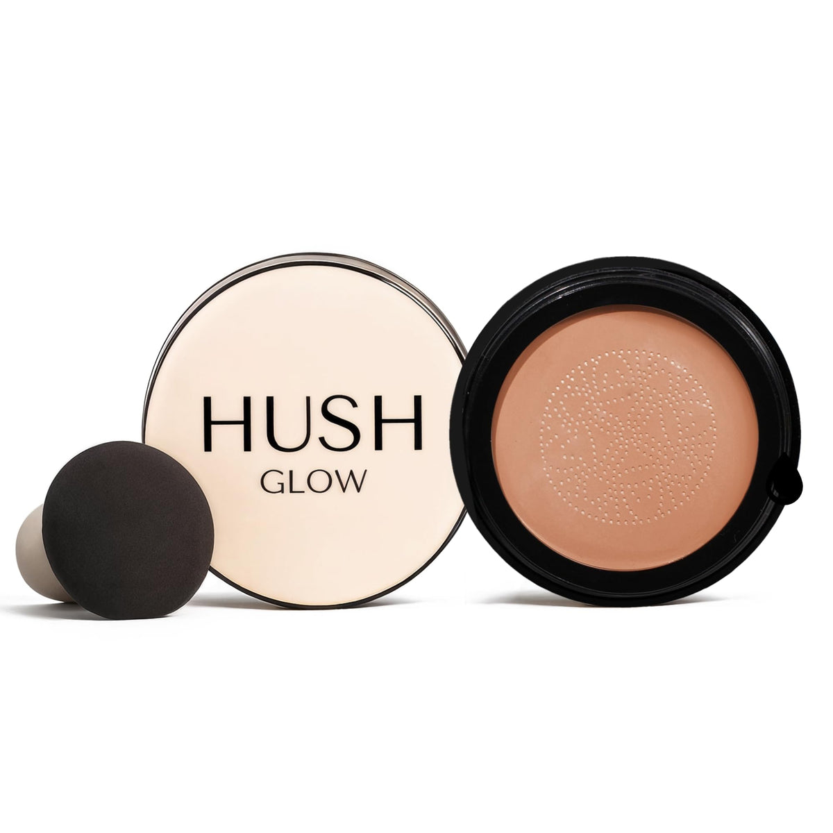 Hush Glow compact front view showing sleek packaging and easy use benefit