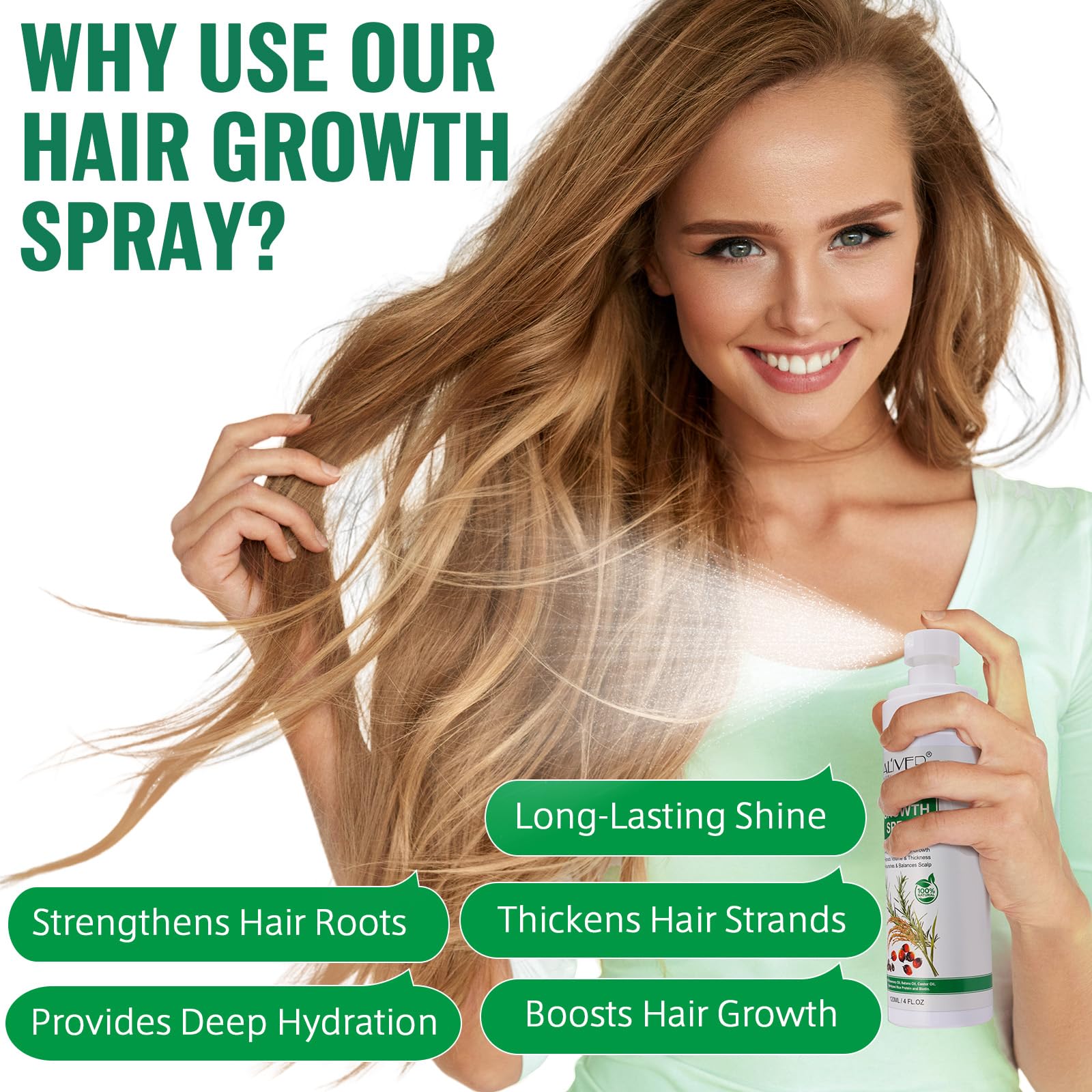 HUYEHF lifestyle woman using spray for visible shine and manageability benefit