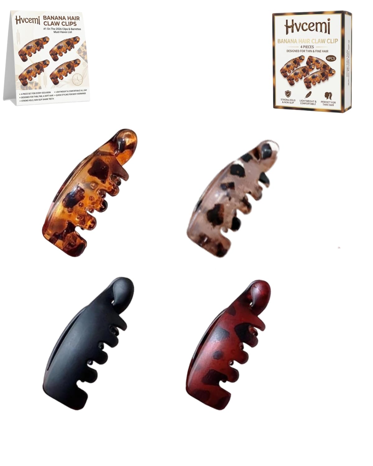 Hvcemi front view of four small banana clips showing compact set benefit