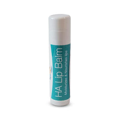 Hyalogic lip balm front view shows stick and label for easy identification and travel-friendly use