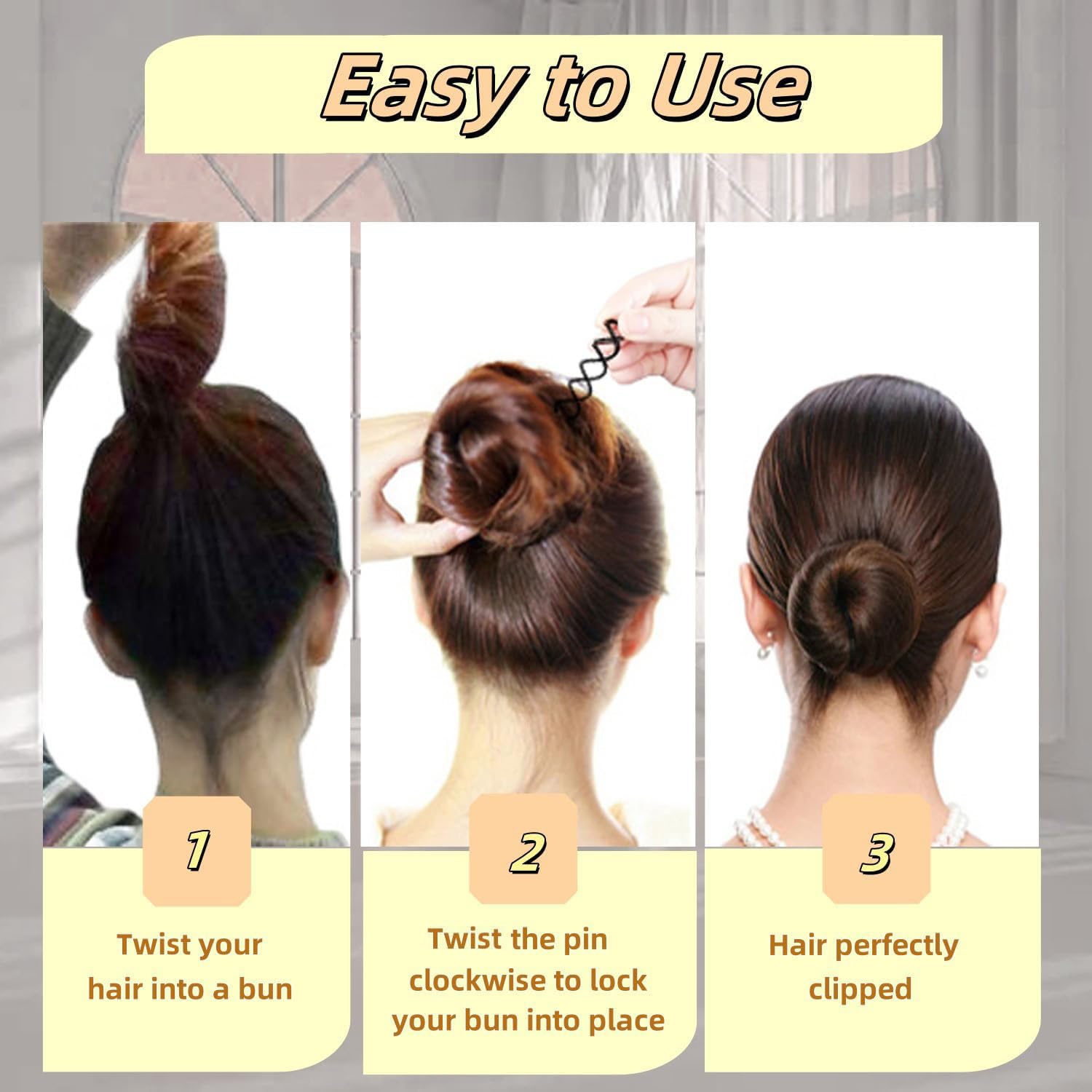 Hyamass pins in use securing a messy bun, reliable hold for events