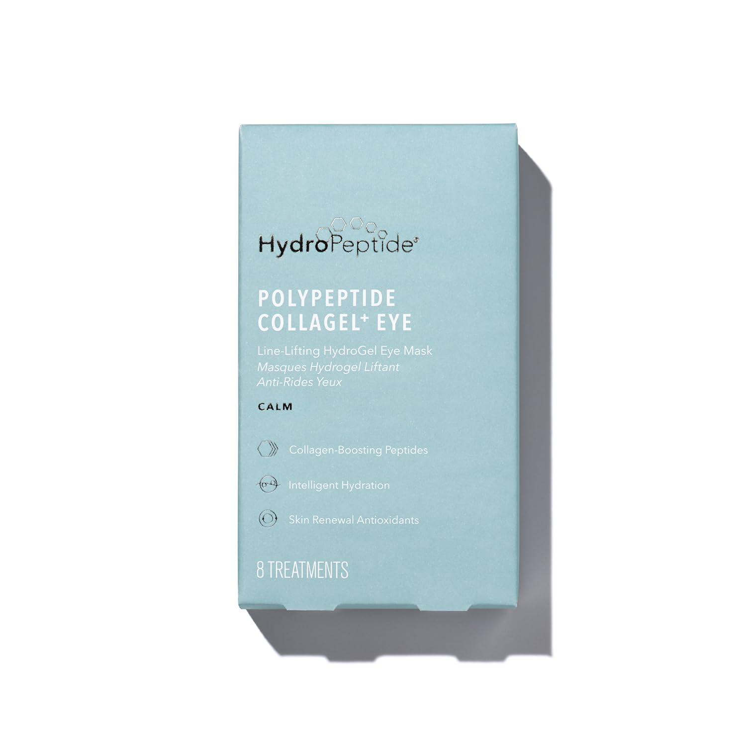 HydroPeptide front packaging showing eight treatments and product benefits