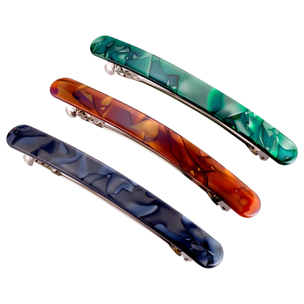 HYFEEL front view of three barrettes showing colors and polished finish for outfit matching