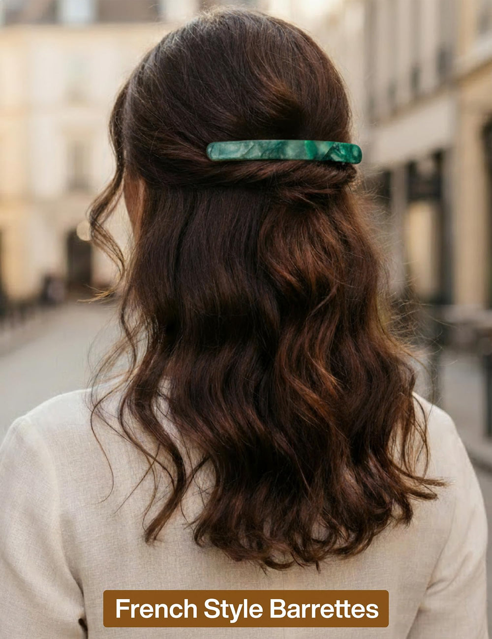 HYFEEL barrette styled in an outfit scene showing accessory versatility and elegance