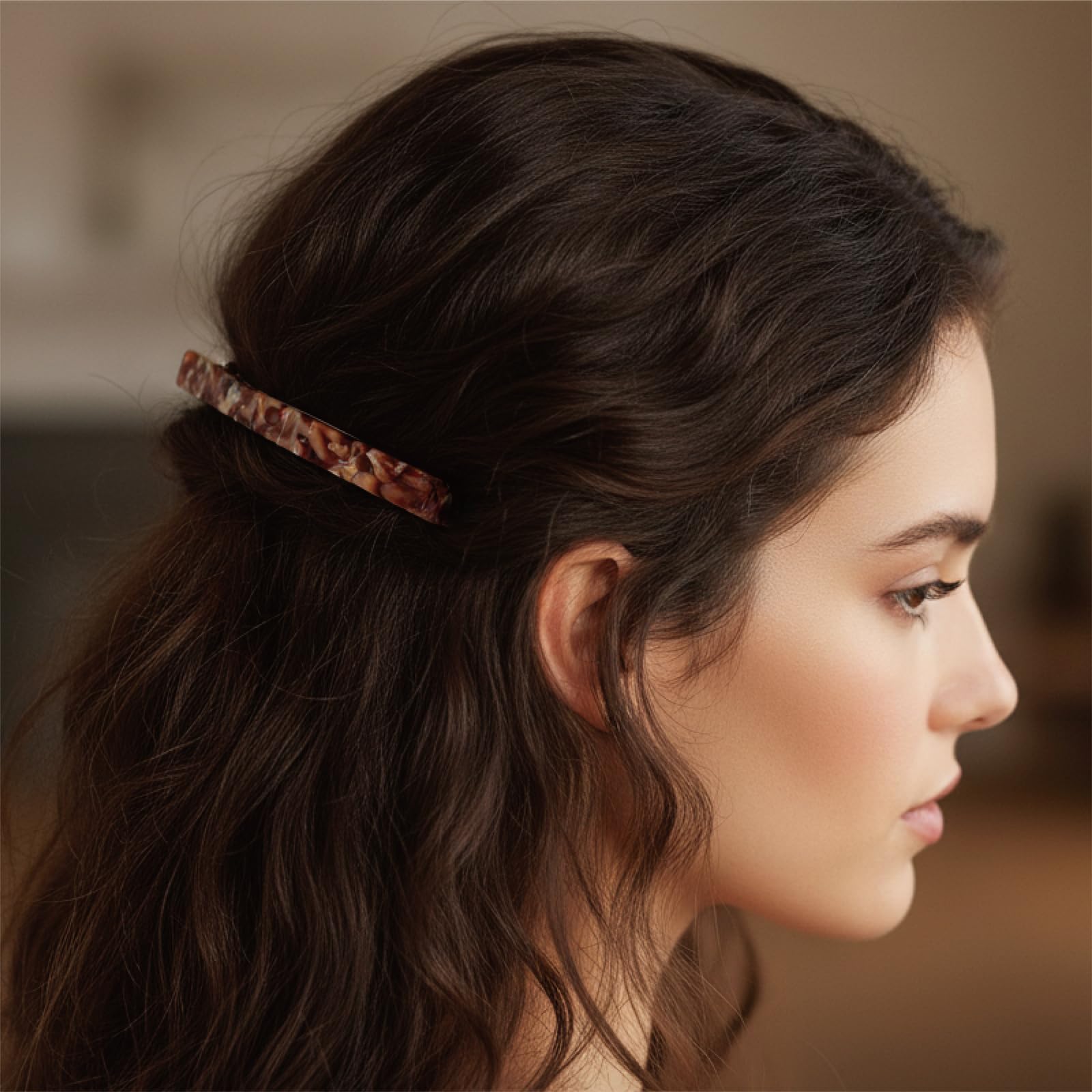 HYFEEL barrette worn with dressy outfit illustrating polished accessory effect