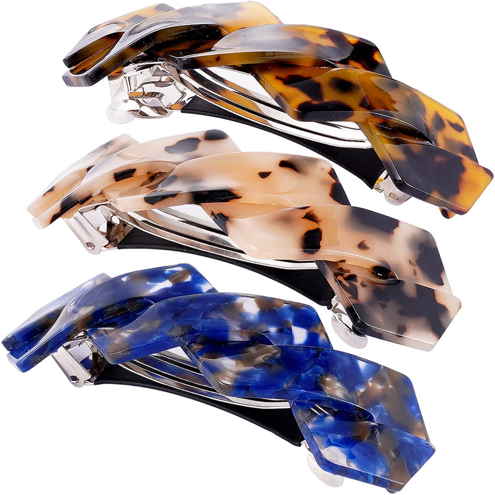 HYFEEL front view of three navy blue and brown tortoiseshell barrettes showing colors and finish, stylish accessory