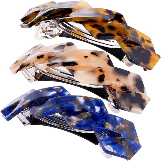 HYFEEL front view of three navy blue and brown tortoiseshell barrettes showing colors and finish, stylish accessory