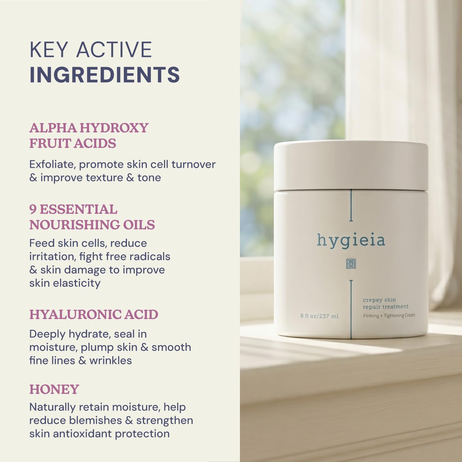 Hygieia + jar beside hand showing 8 oz size for extended use and value