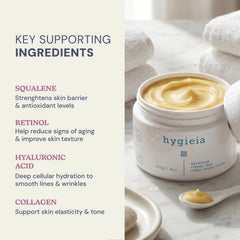 Hygieia + ingredients label detail featuring idebenone and squalene benefits