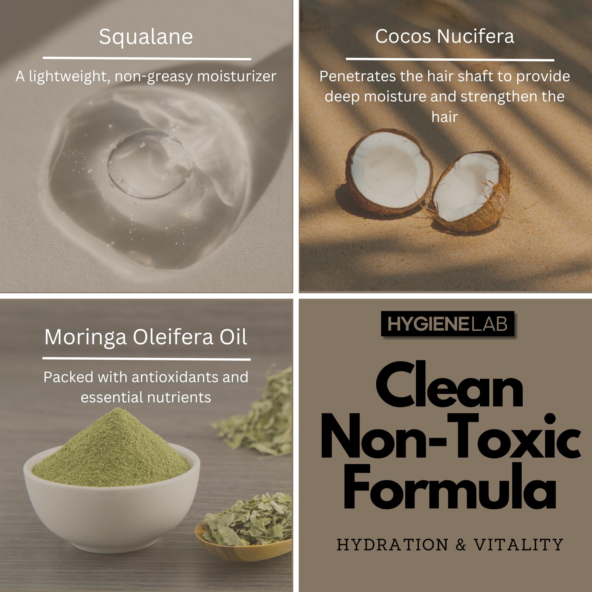 HygieneLab ingredients display with murumuru butter and macadamia oil benefits