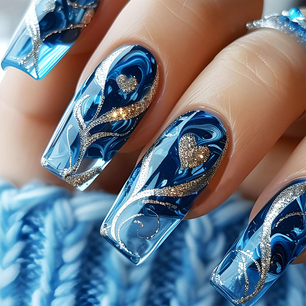 HZJXRT front packaging showing 24-piece blue gradient nails and accessories for instant manicure