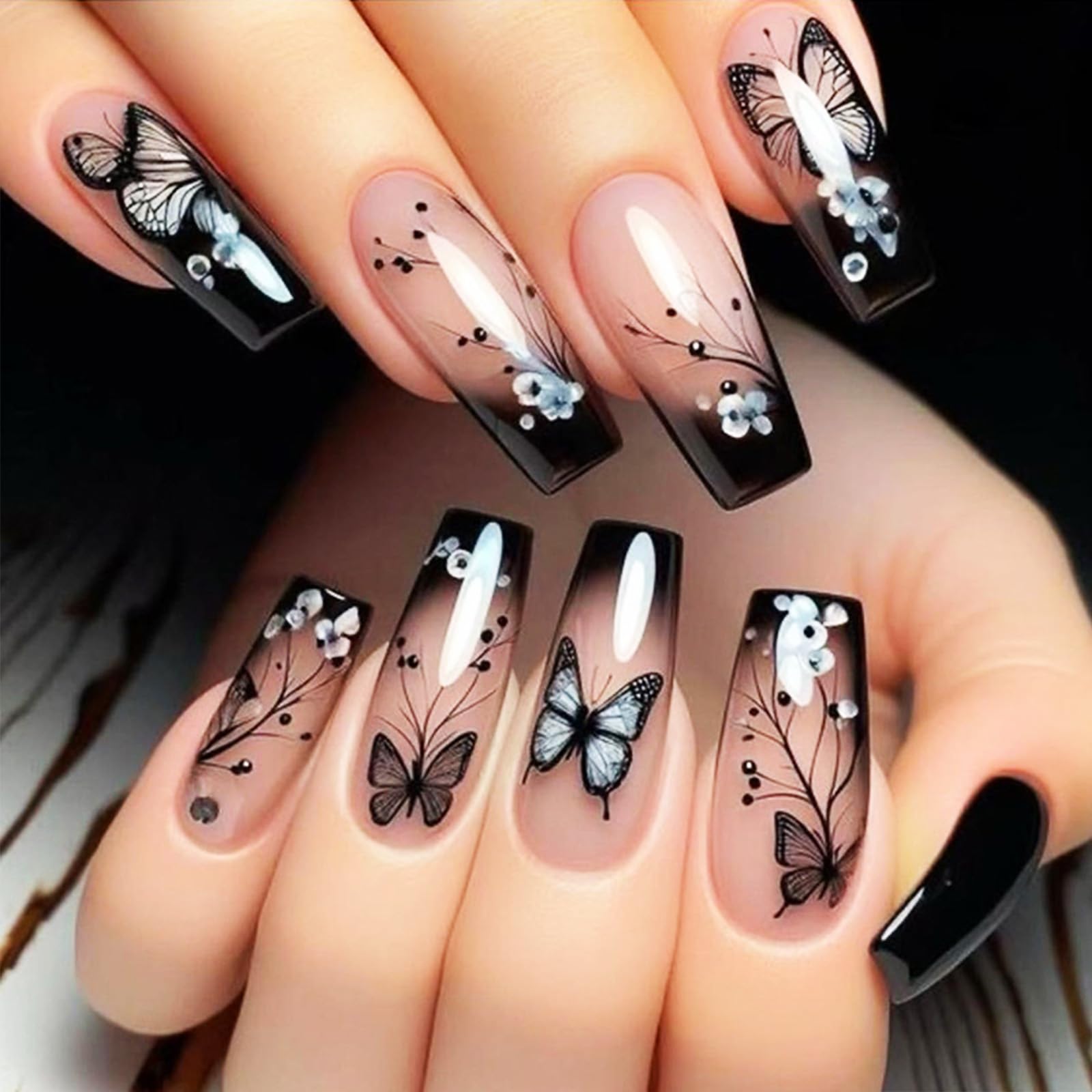 HZJXRT front packaging showing full 24-piece nail set with glossy finish and flowers for instant style
