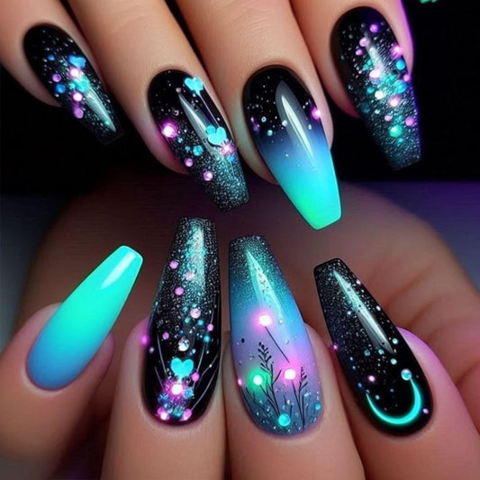 HZJXRT front packaging showing 24-piece nebula press-on nails and tools for quick application