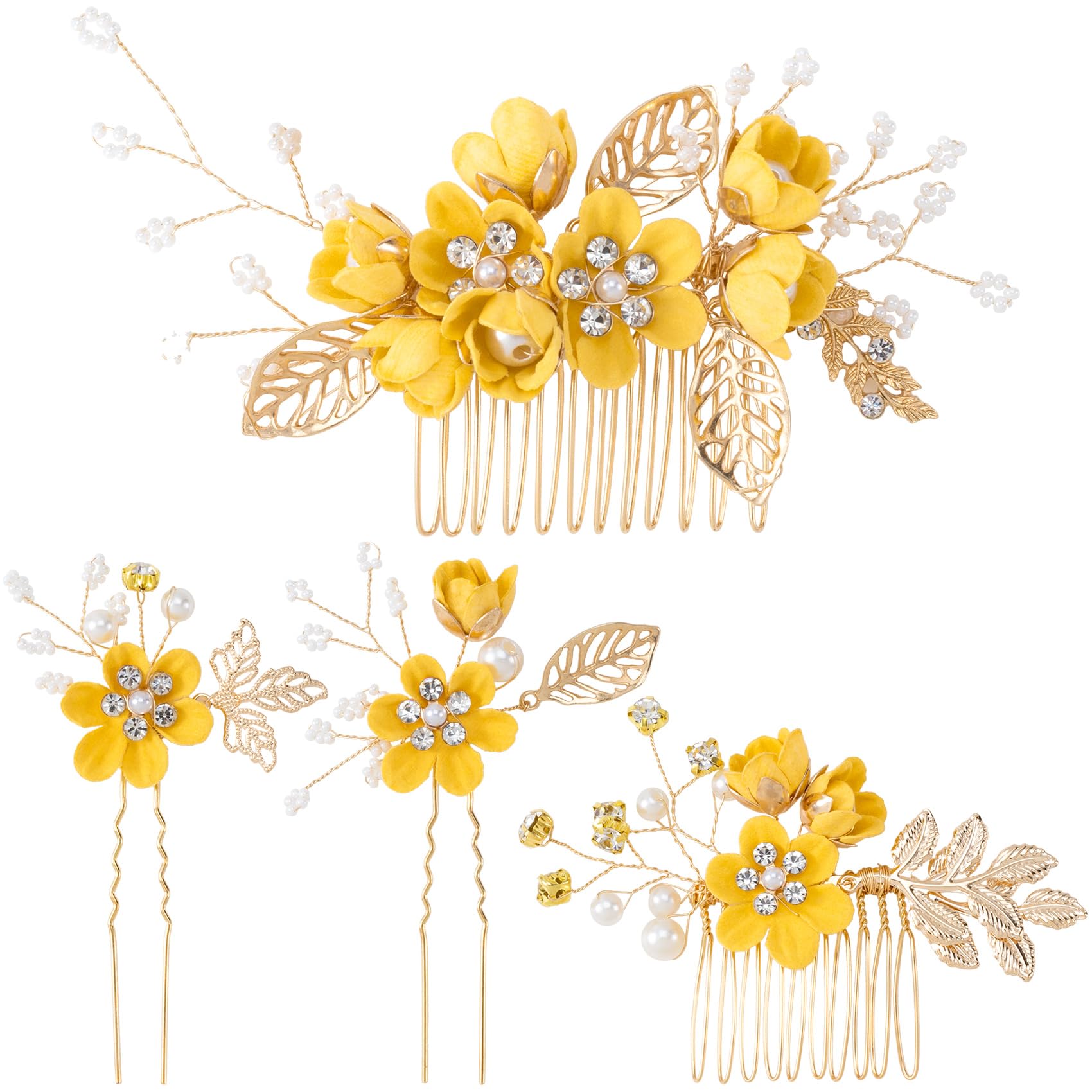 Hzopcw front view of four yellow camellia hairpins showing set composition and elegance