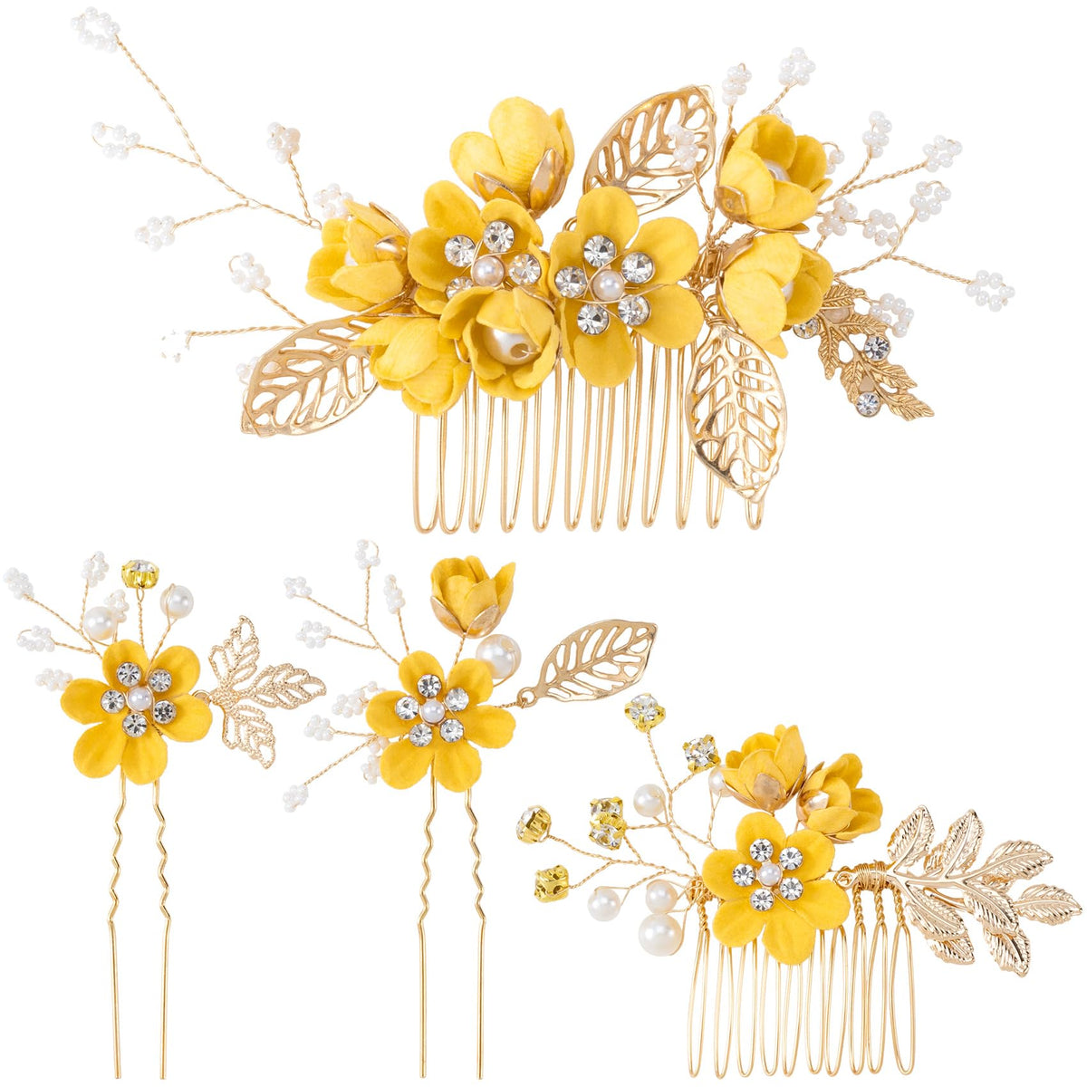Hzopcw front view of four yellow camellia hairpins showing set composition and elegance