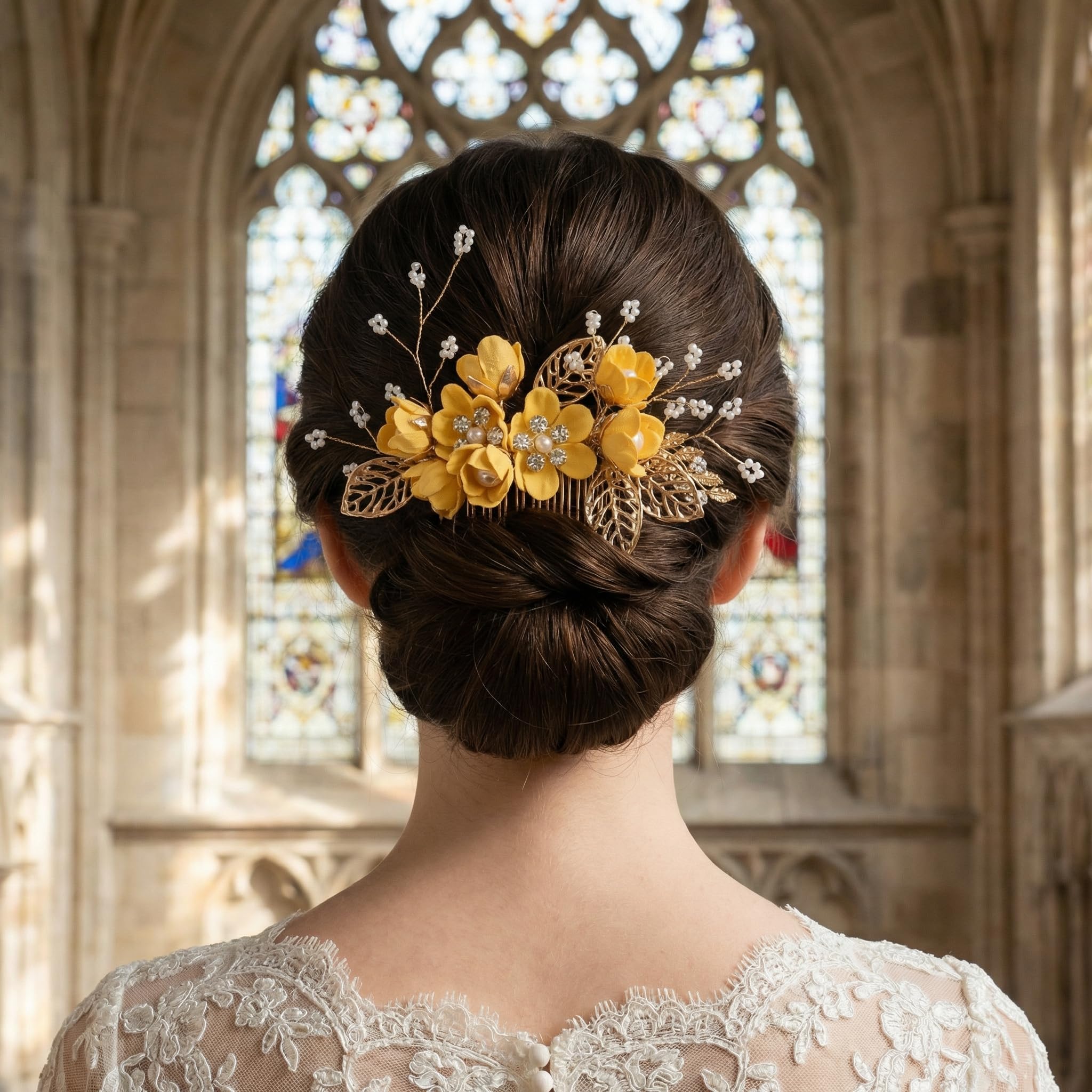 Hzopcw styled on bride in yellow hairpins for festival-ready decorative impact
