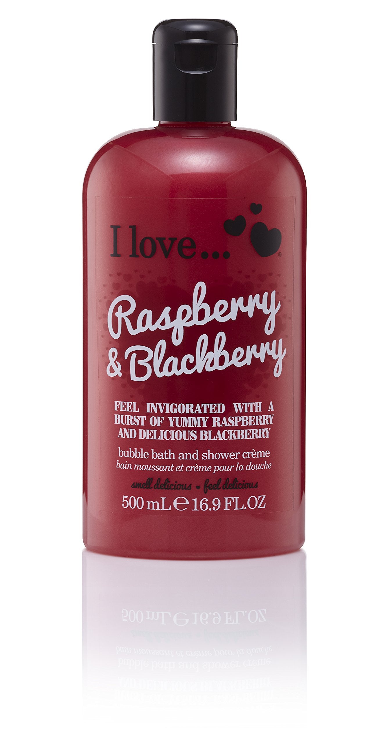 I LOVE front bottle view showing raspberry blackberry scent and moisturizing benefit