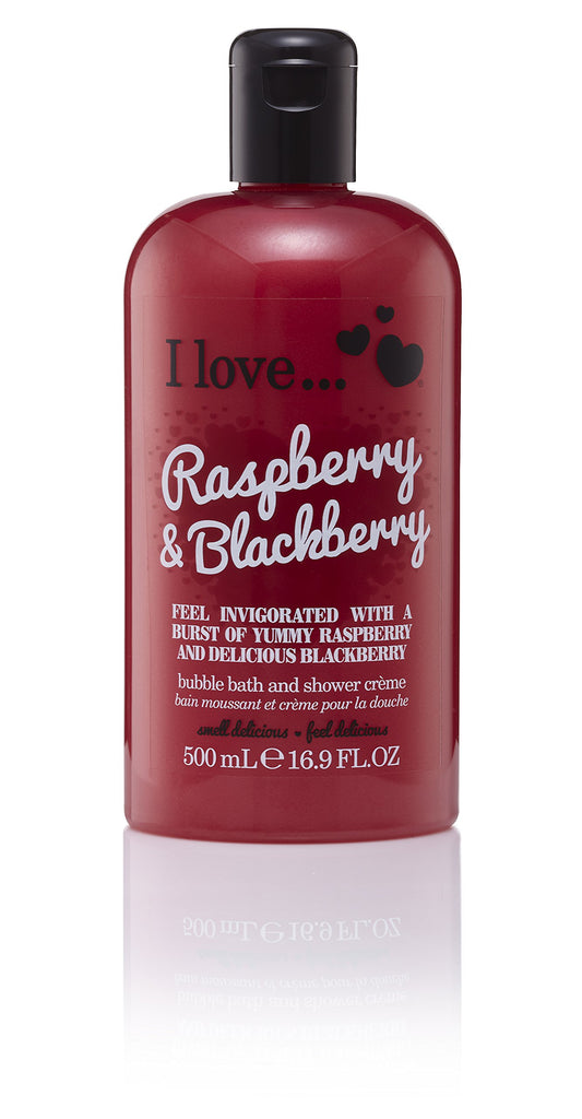 I LOVE front bottle view showing raspberry blackberry scent and moisturizing benefit